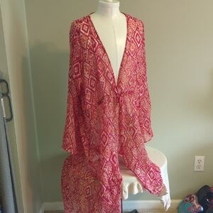 Red and White Flowy Swim Coverup with Bell Sleeves